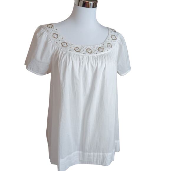 NEW CHARTER CLUB Artsy Beaded Blouse Peasant Top M Cotton Boho Fresh Breathable - Picture 1 of 11